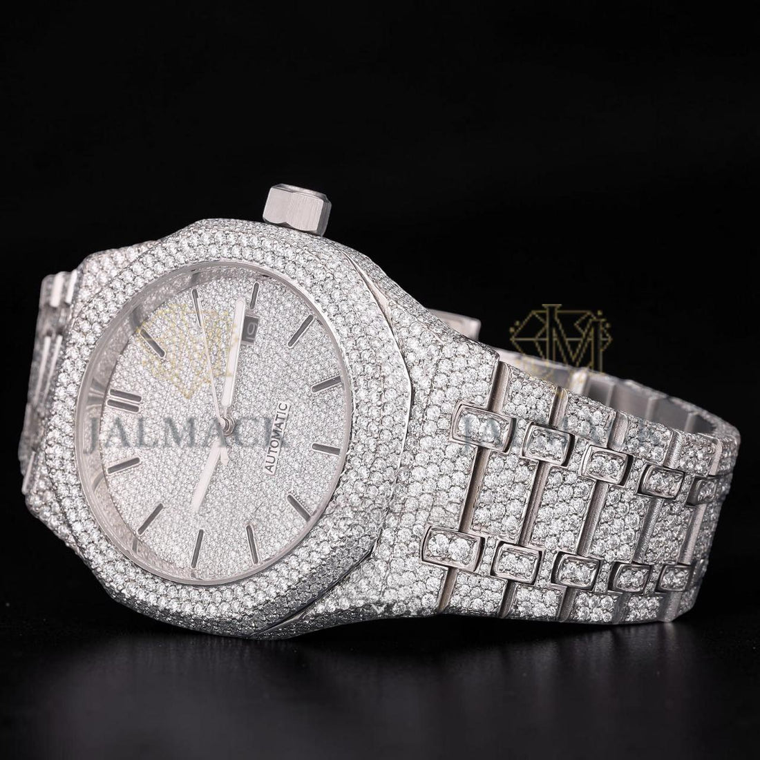 Silver Fully Iced Moissanite Date Watch VVS1 D Color Fully Iced Out