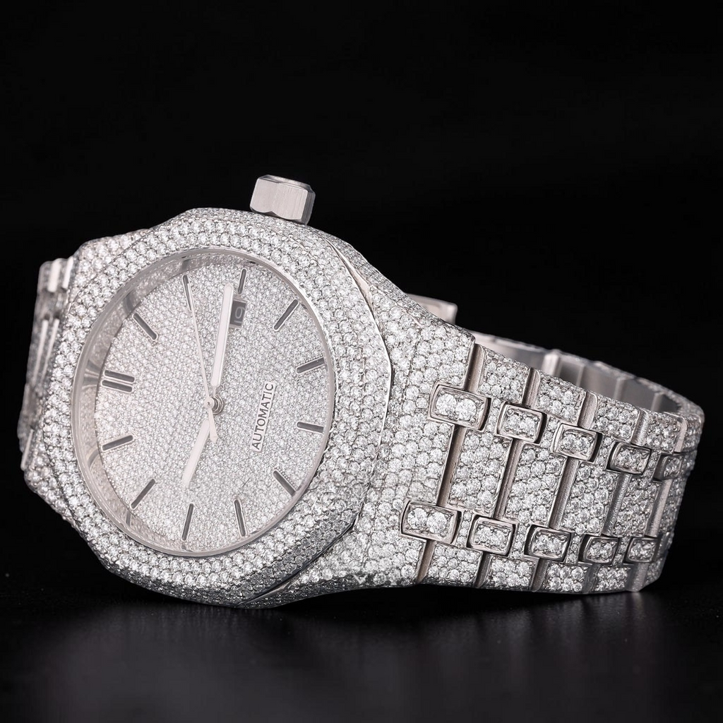 Silver Fully Iced Moissanite Date Watch VVS1 D Color Fully Iced Out