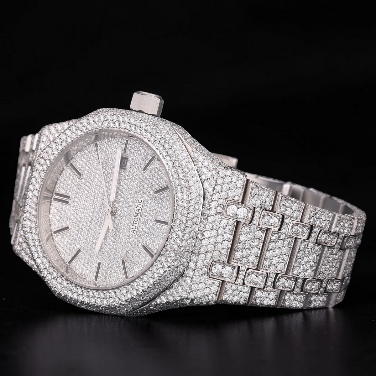 Silver Fully Iced Moissanite Date Watch VVS1 D Color Fully Iced Out
