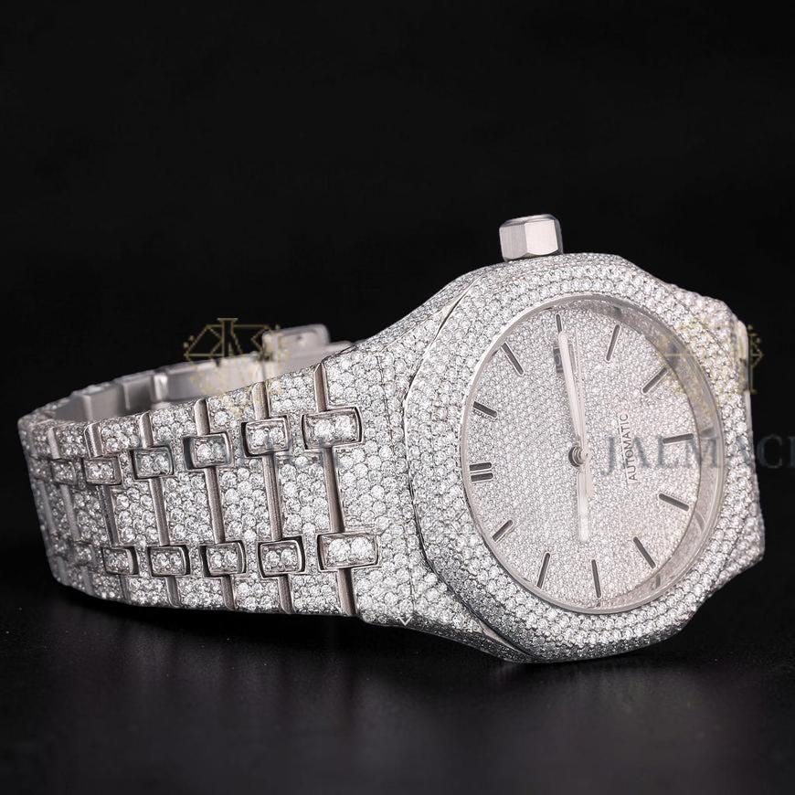 Silver Fully Iced Moissanite Date Watch VVS1 D Color Fully Iced Out