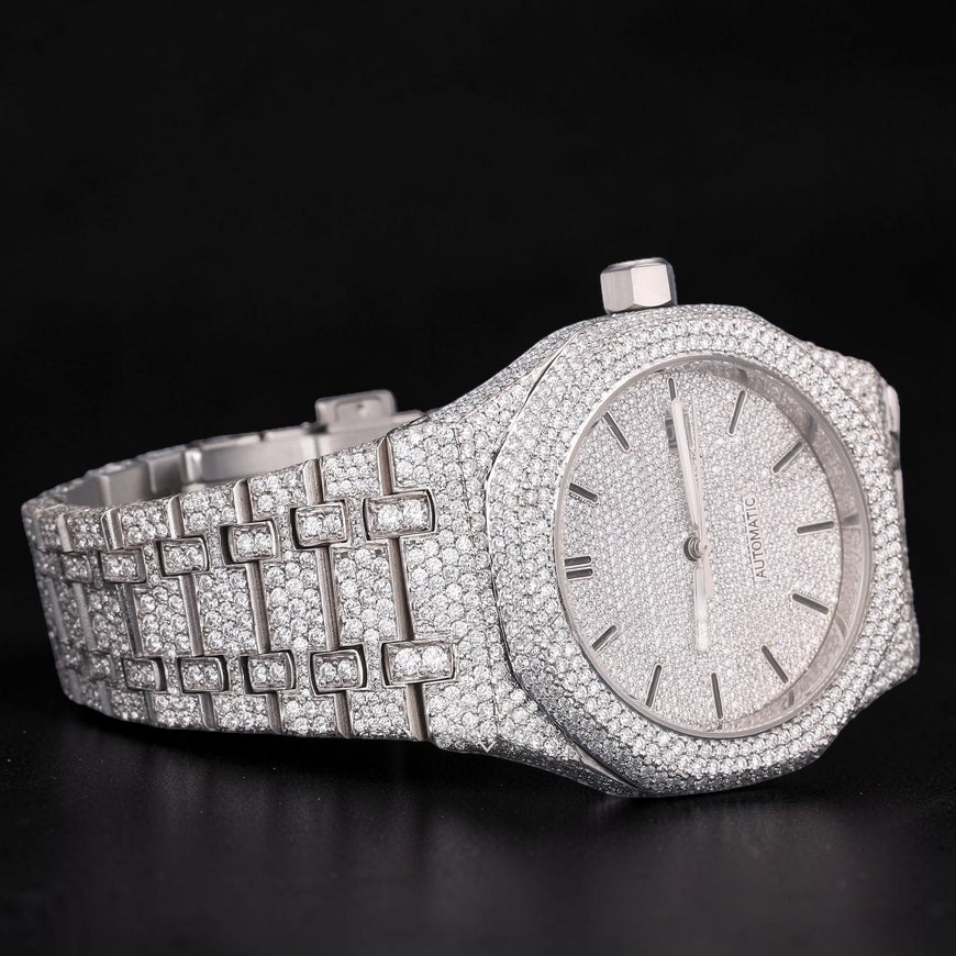 Silver Fully Iced Moissanite Date Watch VVS1 D Color Fully Iced Out