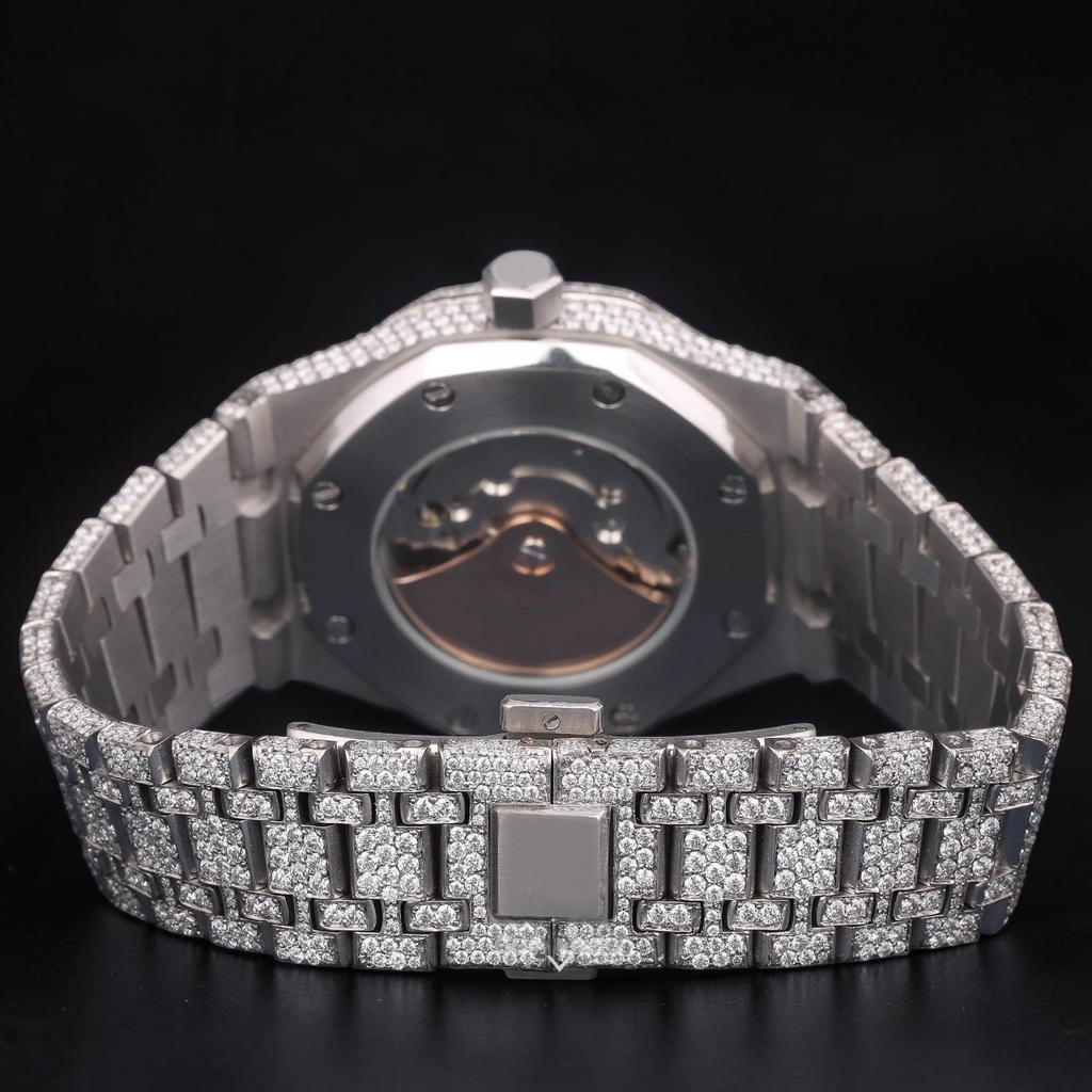 Silver Fully Iced Moissanite Date Watch VVS1 D Color Fully Iced Out
