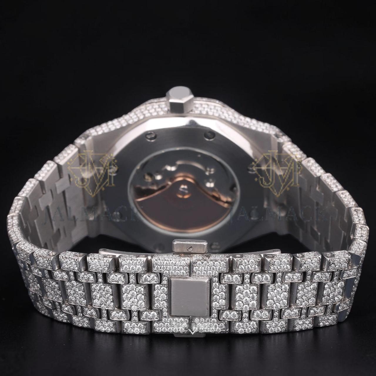 Silver Fully Iced Moissanite Date Watch VVS1 D Color Fully Iced Out