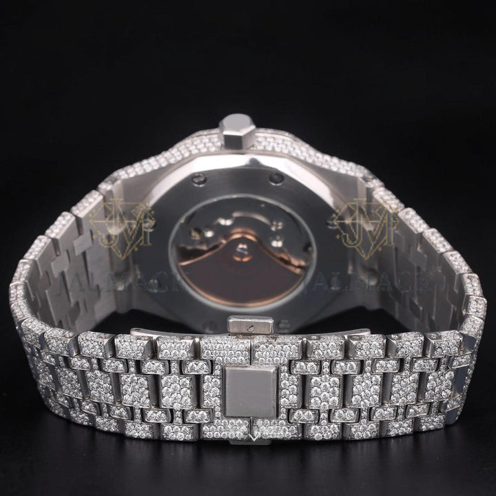 Silver Fully Iced Moissanite Date Watch VVS1 D Color Fully Iced Out