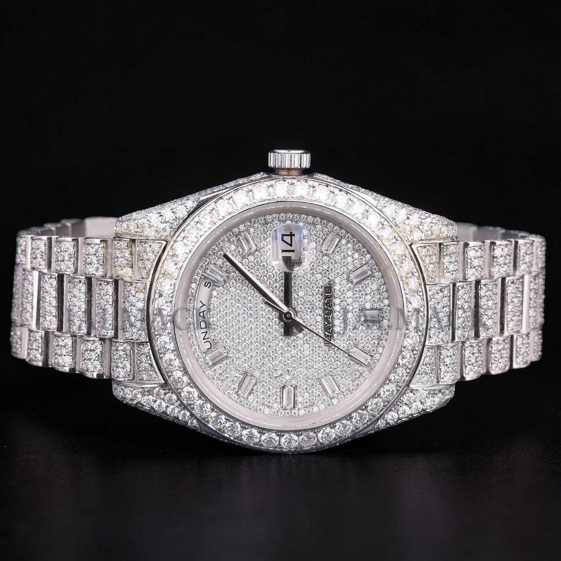Luxury Silver Moissanite Day-Date Watch VVS1 D Color Fully Iced Out