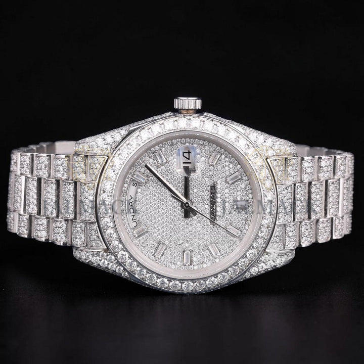 Luxury Silver Moissanite Day-Date Watch VVS1 D Color Fully Iced Out
