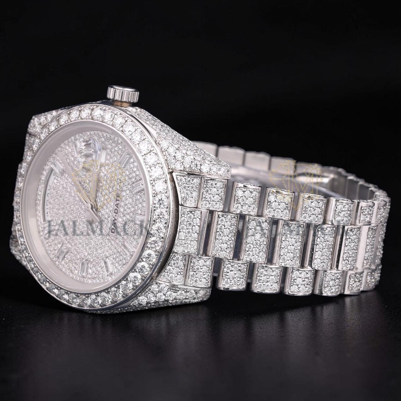Luxury Silver Moissanite Day-Date Watch VVS1 D Color Fully Iced Out