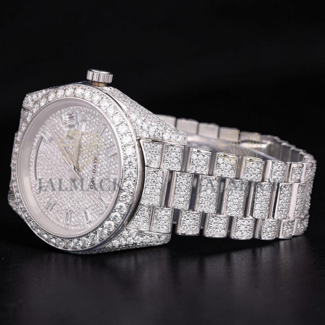 Luxury Silver Moissanite Day-Date Watch VVS1 D Color Fully Iced Out