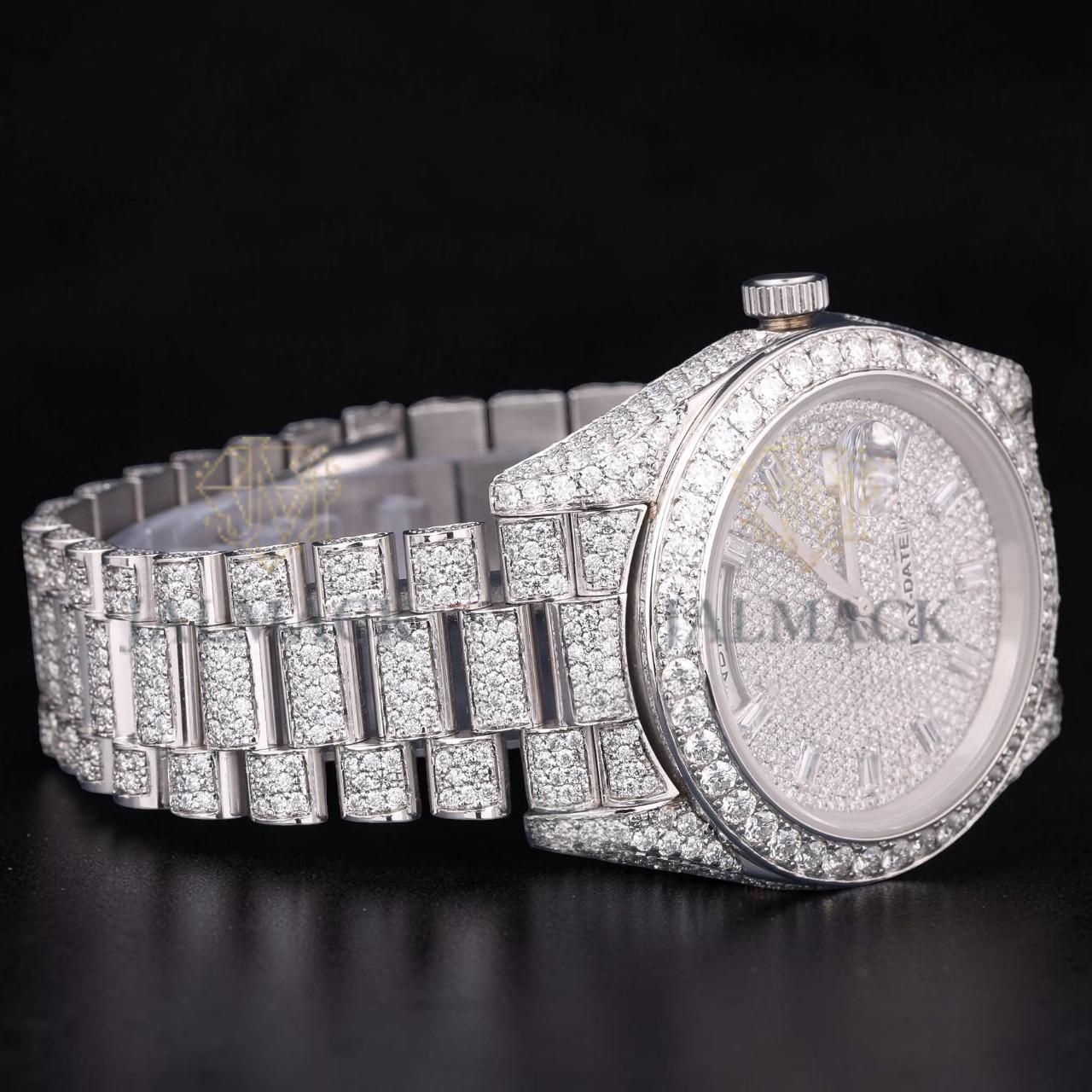 Luxury Silver Moissanite Day-Date Watch VVS1 D Color Fully Iced Out