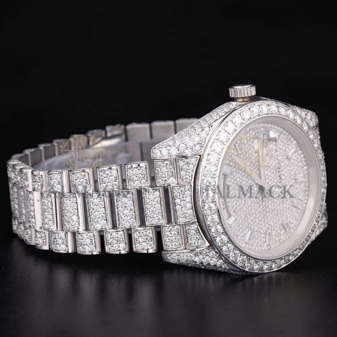 Luxury Silver Moissanite Day-Date Watch VVS1 D Color Fully Iced Out