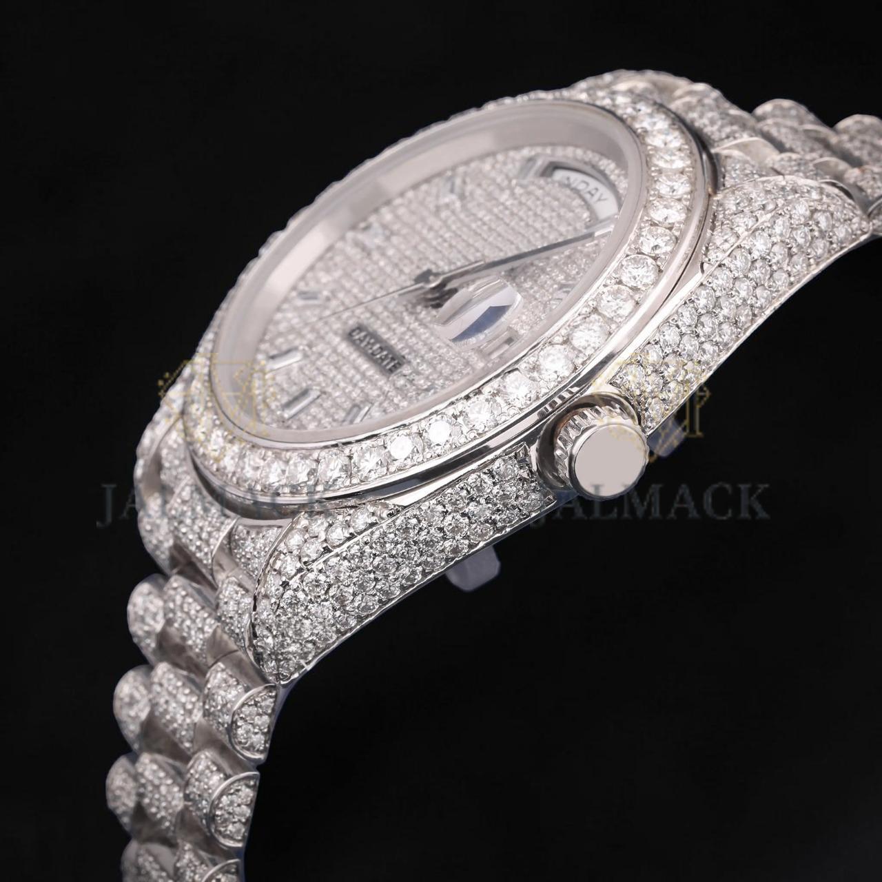 Luxury Silver Moissanite Day-Date Watch VVS1 D Color Fully Iced Out