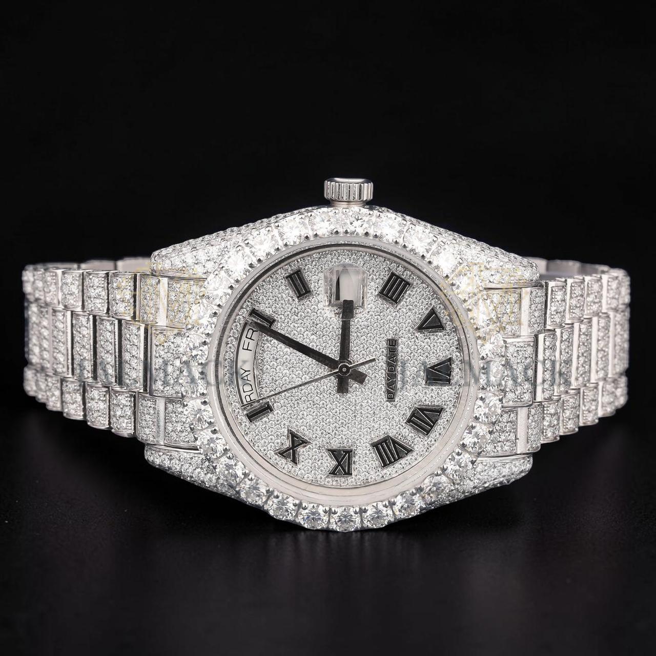 Luxury Silver Roman Numeral Moissanite Day-Date Watch VVS1 D Color Fully Iced Out