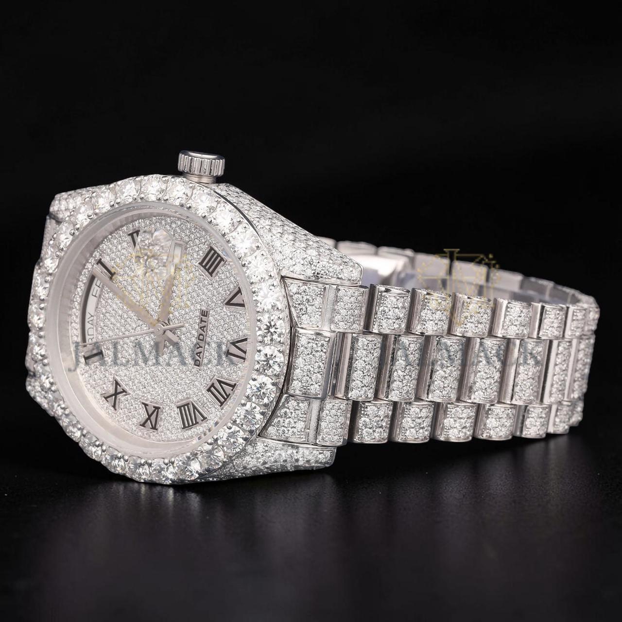 Luxury Silver Roman Numeral Moissanite Day-Date Watch VVS1 D Color Fully Iced Out