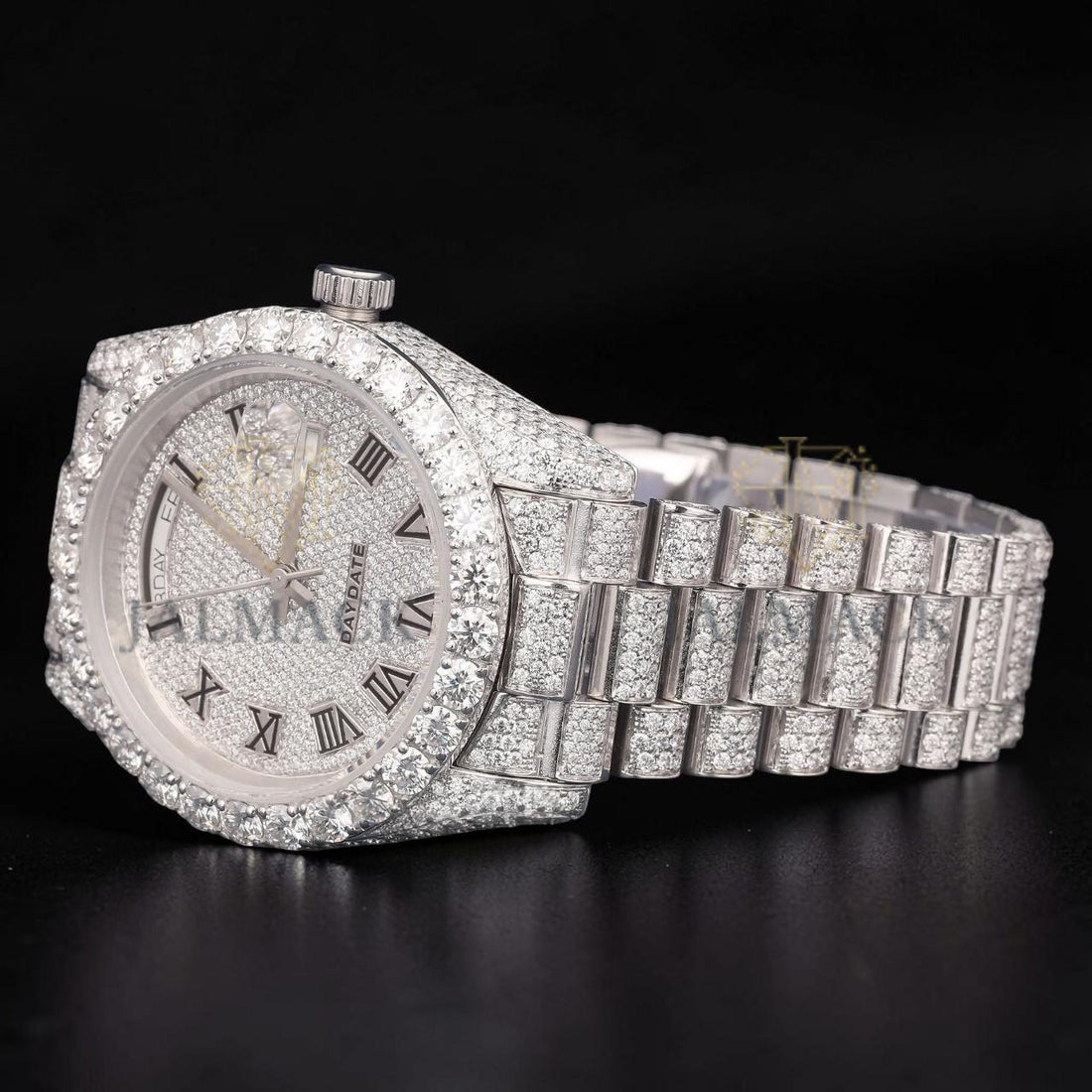 Luxury Silver Roman Numeral Moissanite Day-Date Watch VVS1 D Color Fully Iced Out