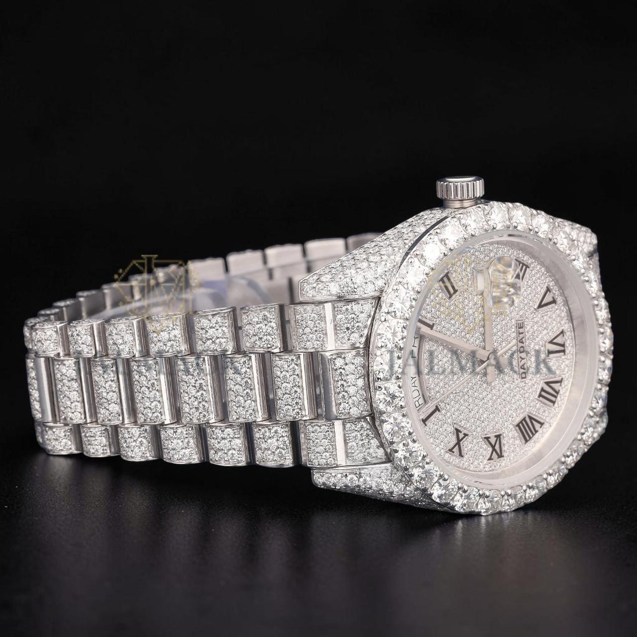 Luxury Silver Roman Numeral Moissanite Day-Date Watch VVS1 D Color Fully Iced Out