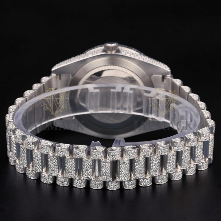 Luxury Silver Roman Numeral Moissanite Day-Date Watch VVS1 D Color Fully Iced Out