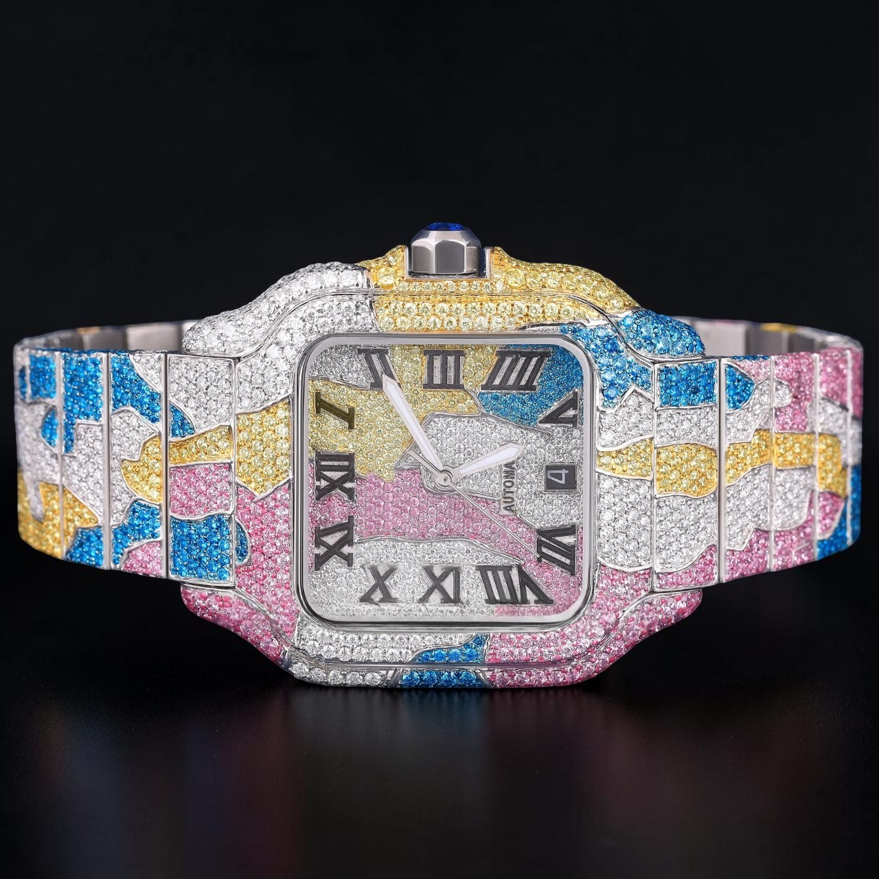 Luxury Rainbow moissanite and Gemstone Square Watch