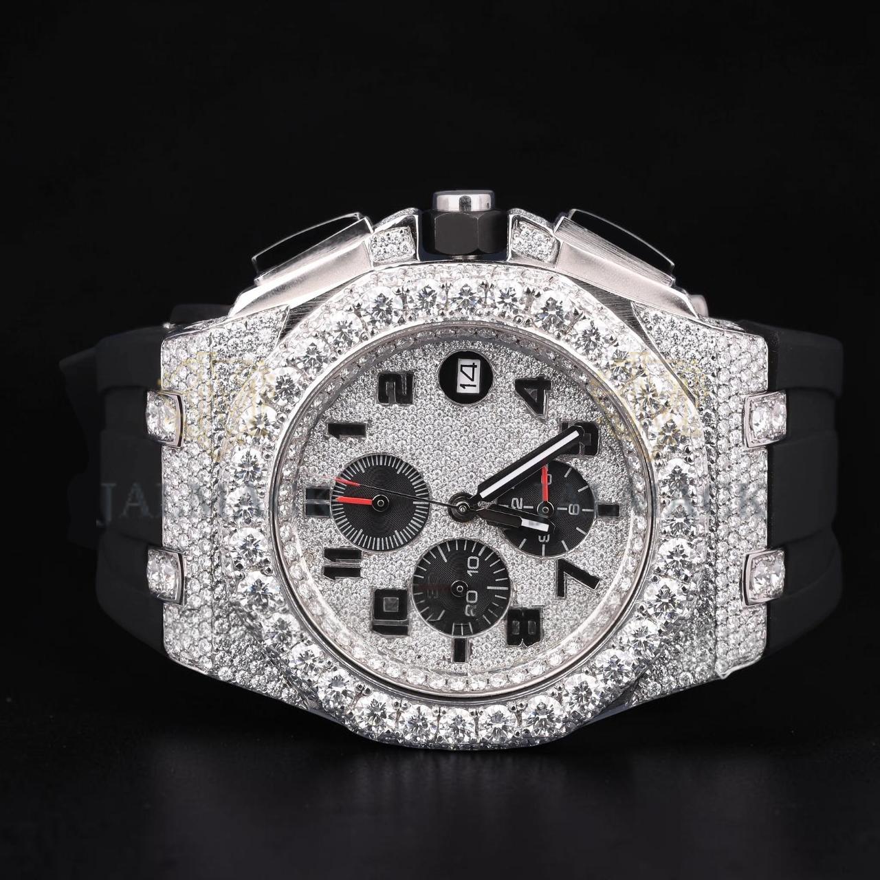 Silver Moissanite Watch VVS1 D Color Black Rubber Strap Watch