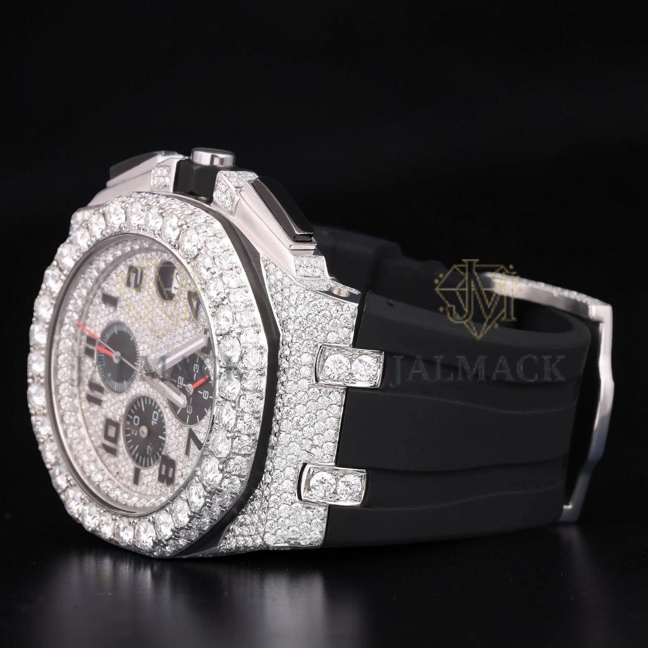 Silver Moissanite Watch VVS1 D Color Black Rubber Strap Watch