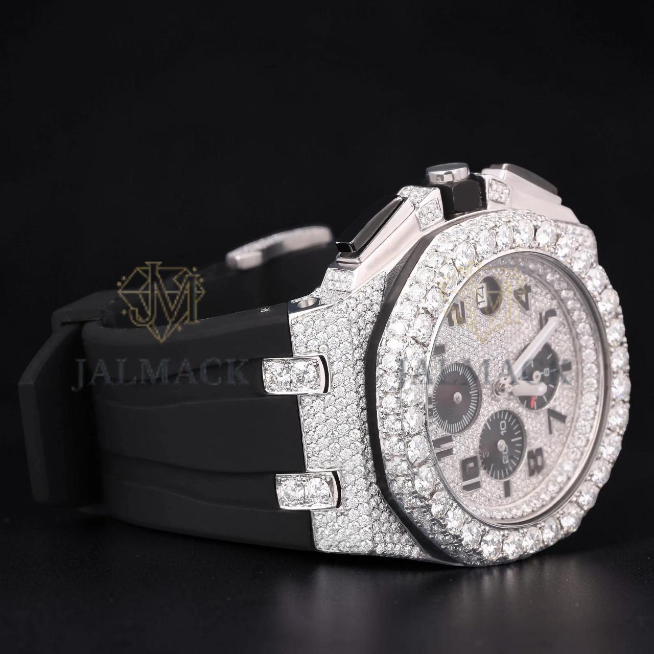 Silver Moissanite Watch VVS1 D Color Black Rubber Strap Watch