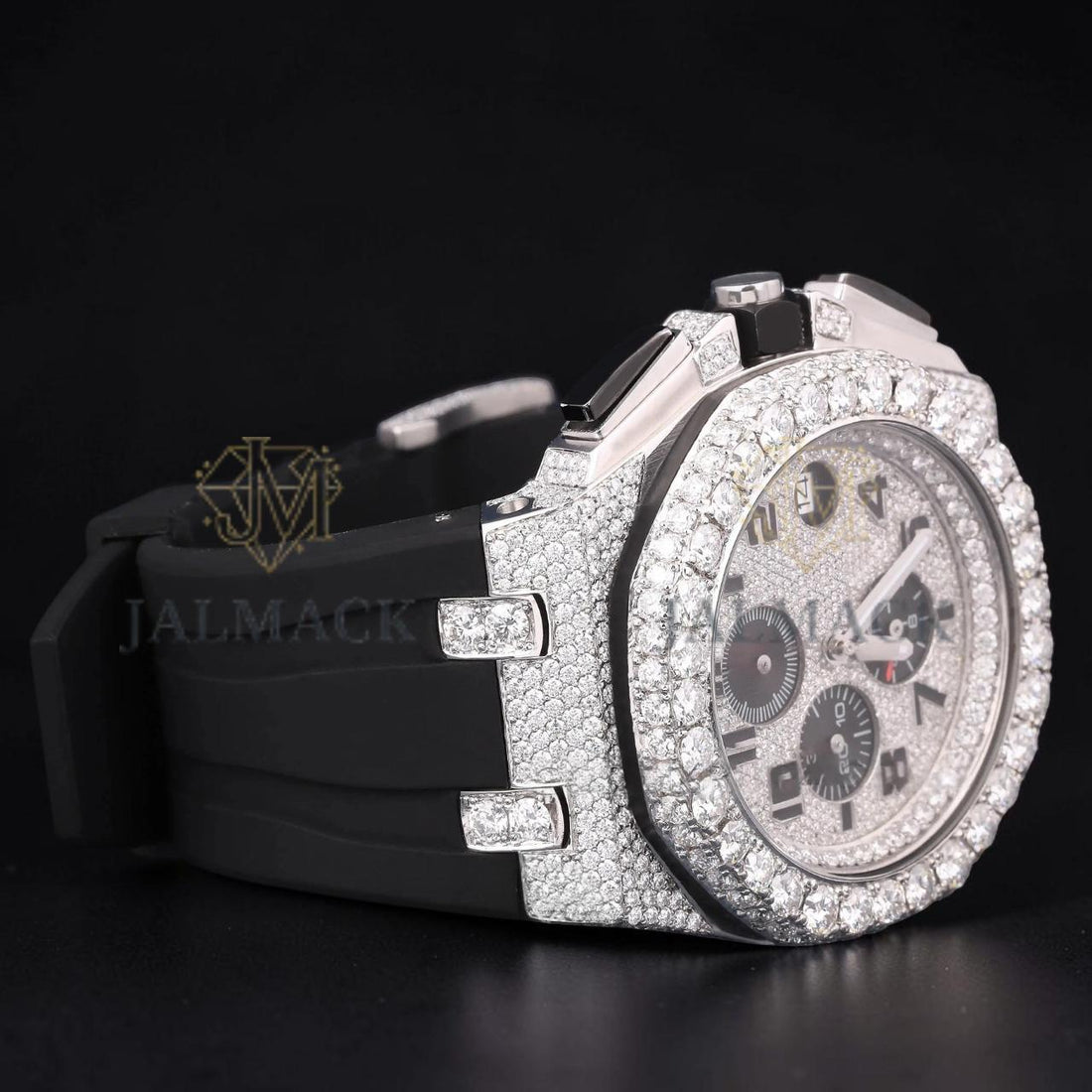 Silver Moissanite Watch VVS1 D Color Black Rubber Strap Watch