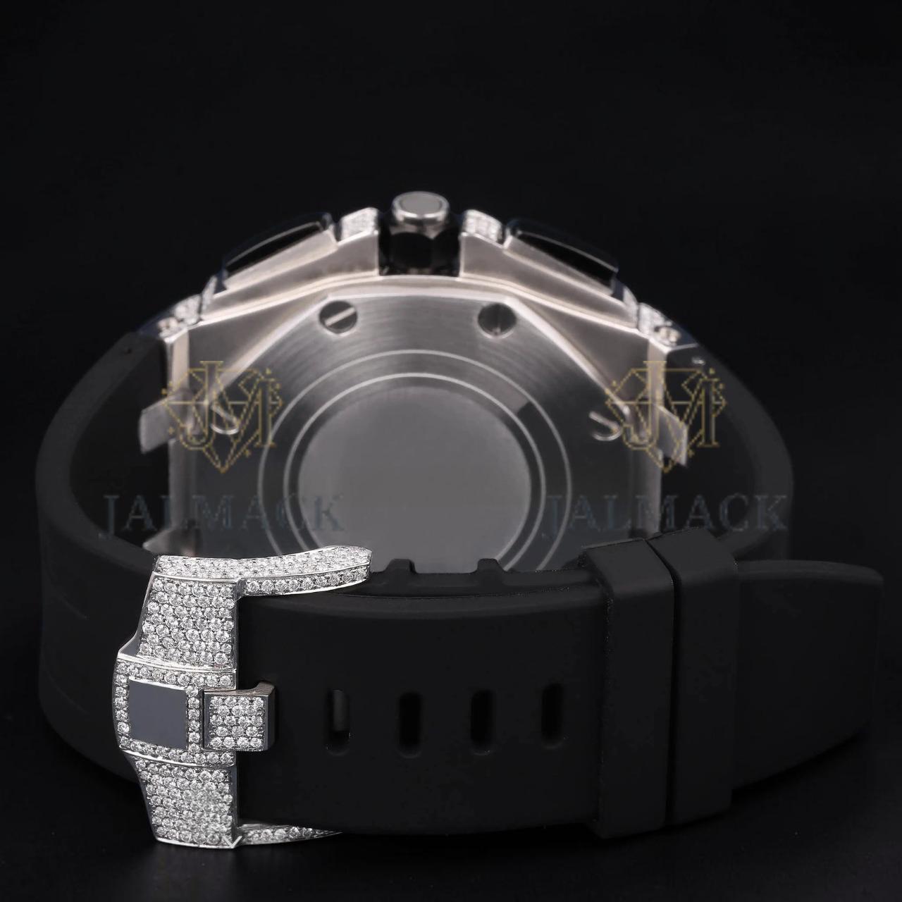 Silver Moissanite Watch VVS1 D Color Black Rubber Strap Watch