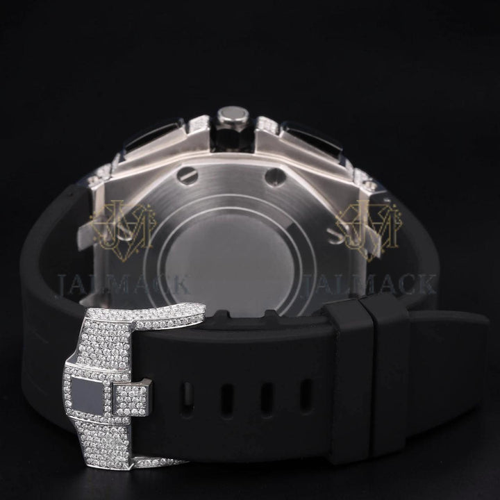 Silver Moissanite Watch VVS1 D Color Black Rubber Strap Watch