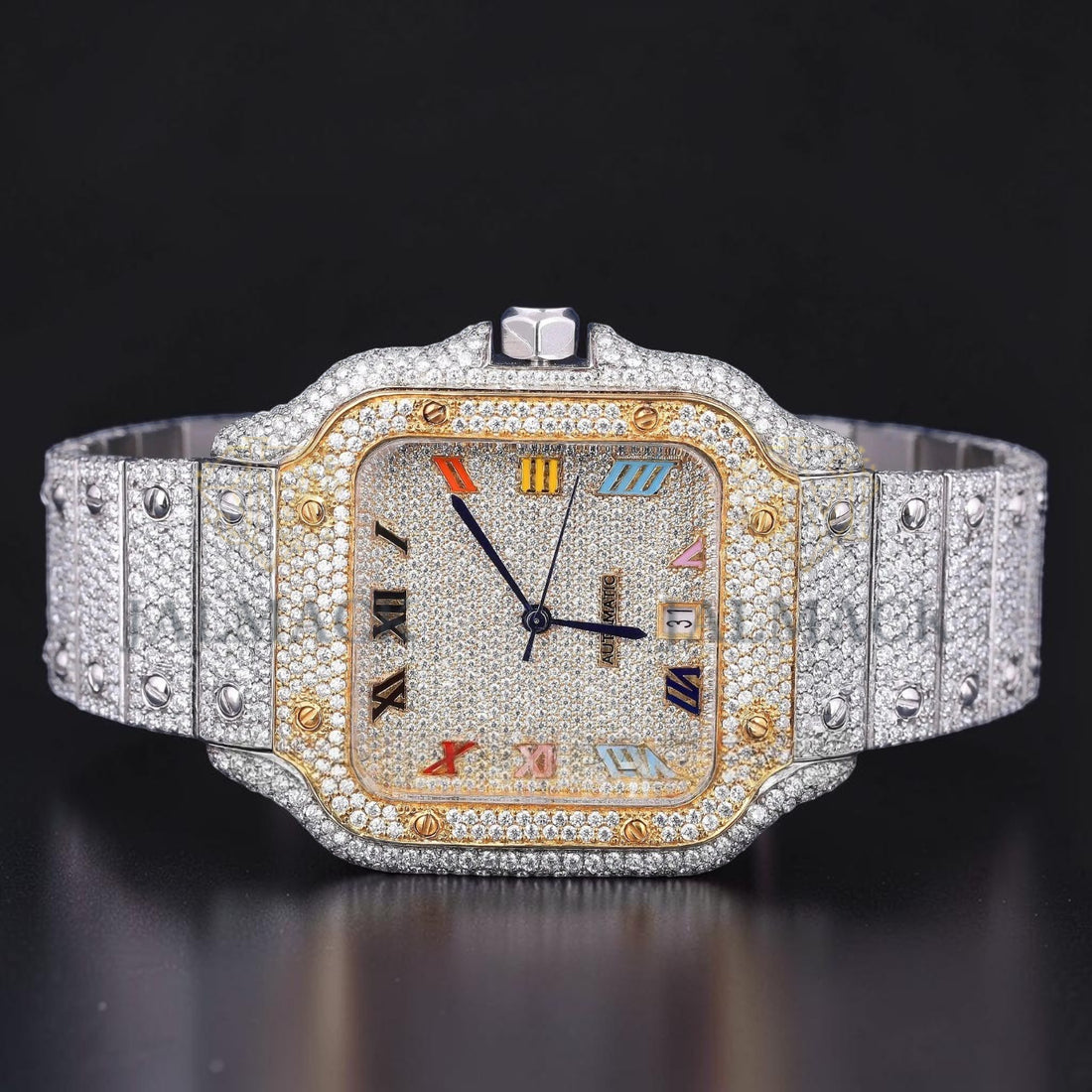Rainbow Roman Letter Moissanite Square Automatic Watch