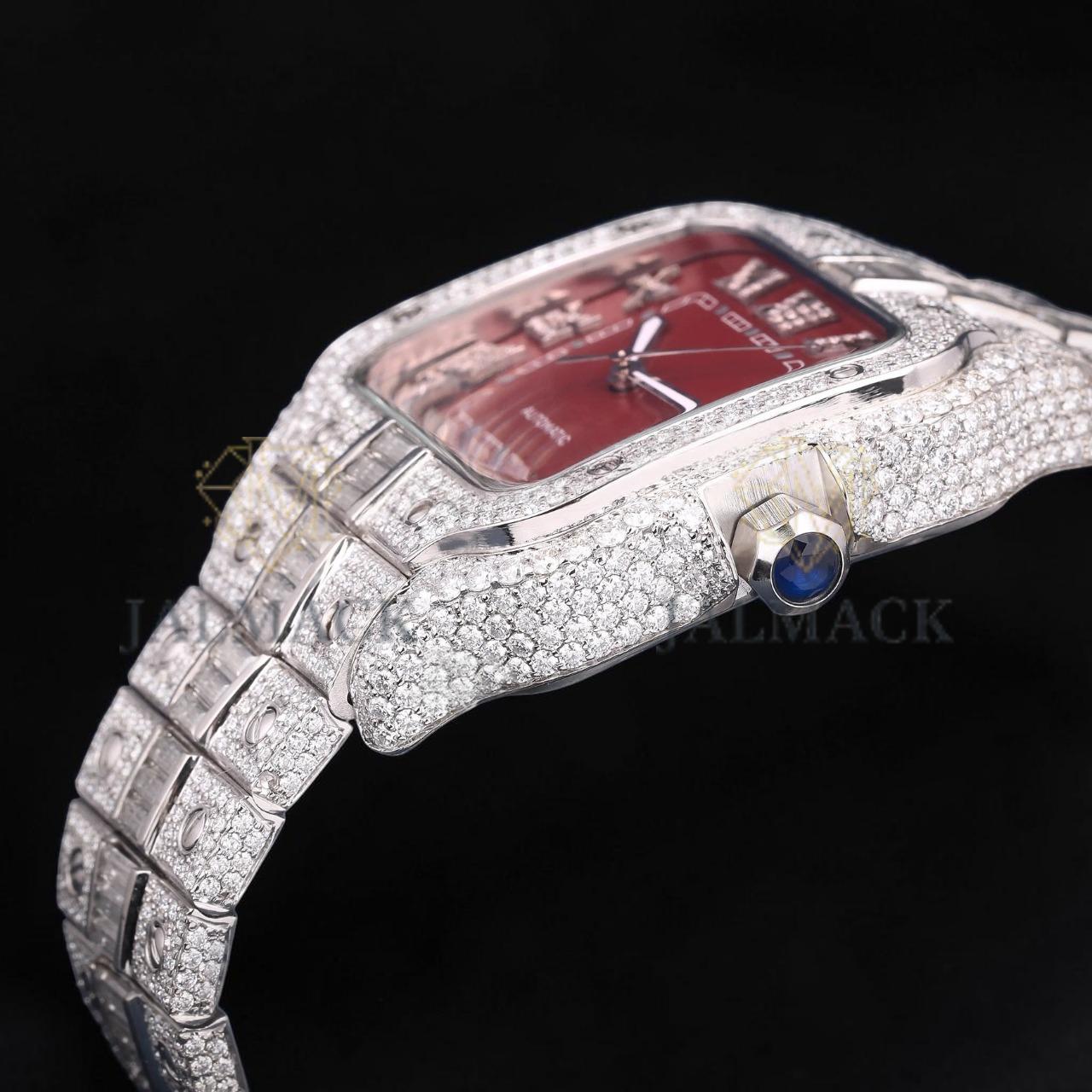 Luxury Silver Red Dial Moissanite Automatic Watch VVS1 D Color Fully Iced Out