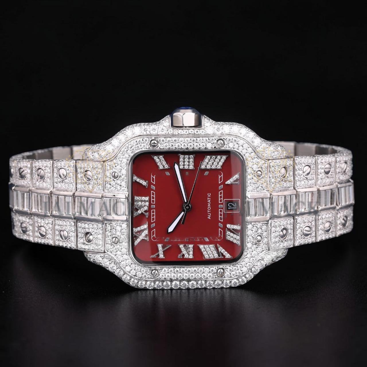 Luxury Silver Red Dial Moissanite Automatic Watch VVS1 D Color Fully Iced Out