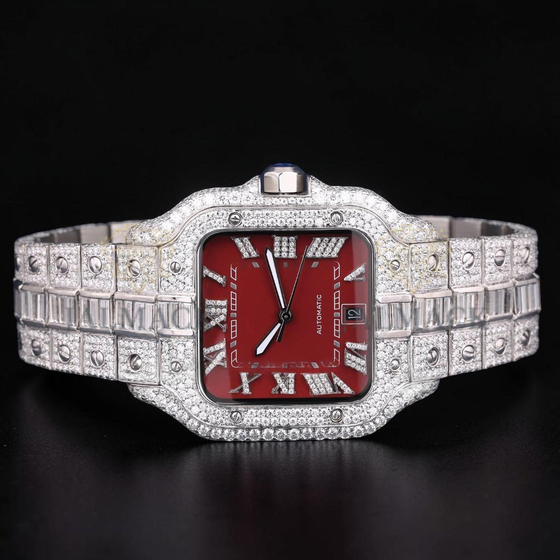 Luxury Silver Red Dial Moissanite Automatic Watch VVS1 D Color Fully Iced Out