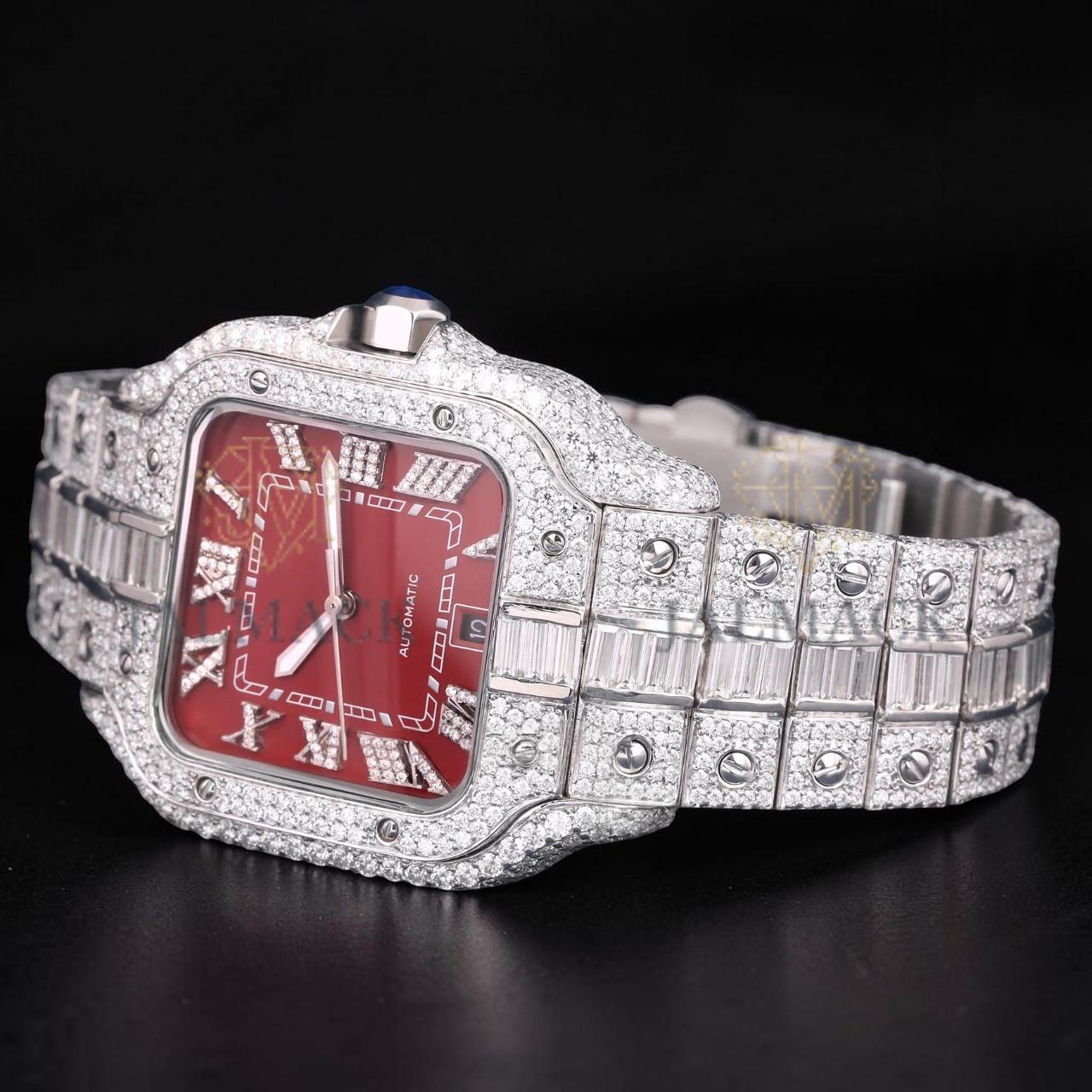 Luxury Silver Red Dial Moissanite Automatic Watch VVS1 D Color Fully Iced Out