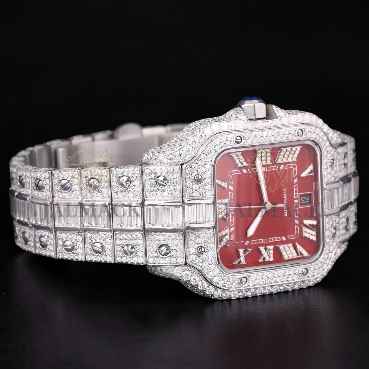Luxury Silver Red Dial Moissanite Automatic Watch VVS1 D Color Fully Iced Out