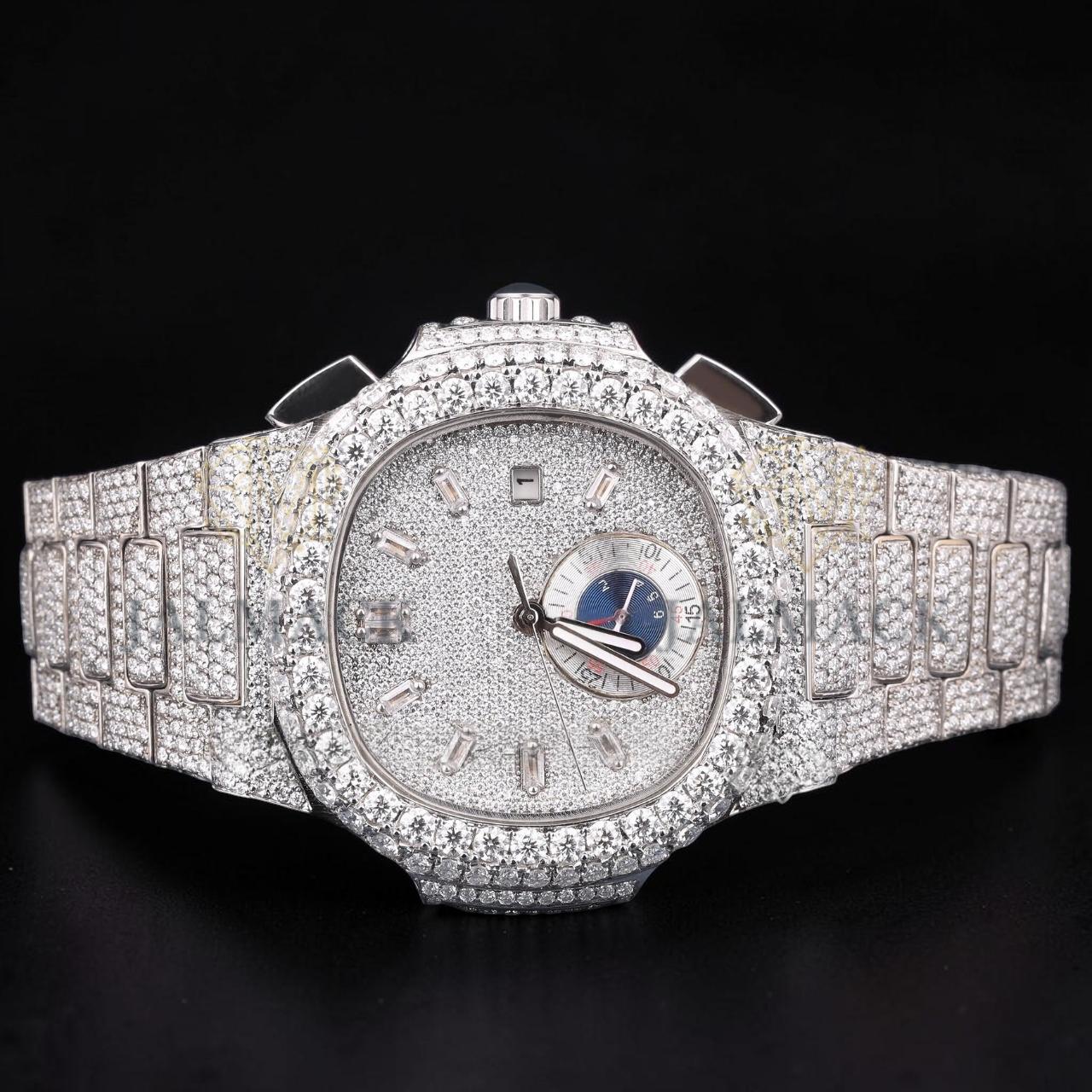 Luxury Silver Baguette Moissanite Multi-Function Automatic Watch