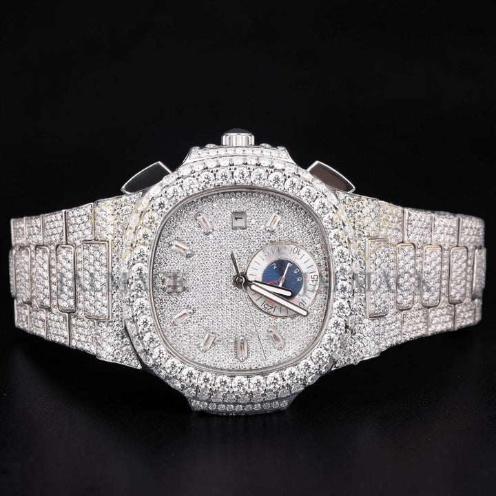 Luxury Silver Baguette Moissanite Multi-Function Automatic Watch