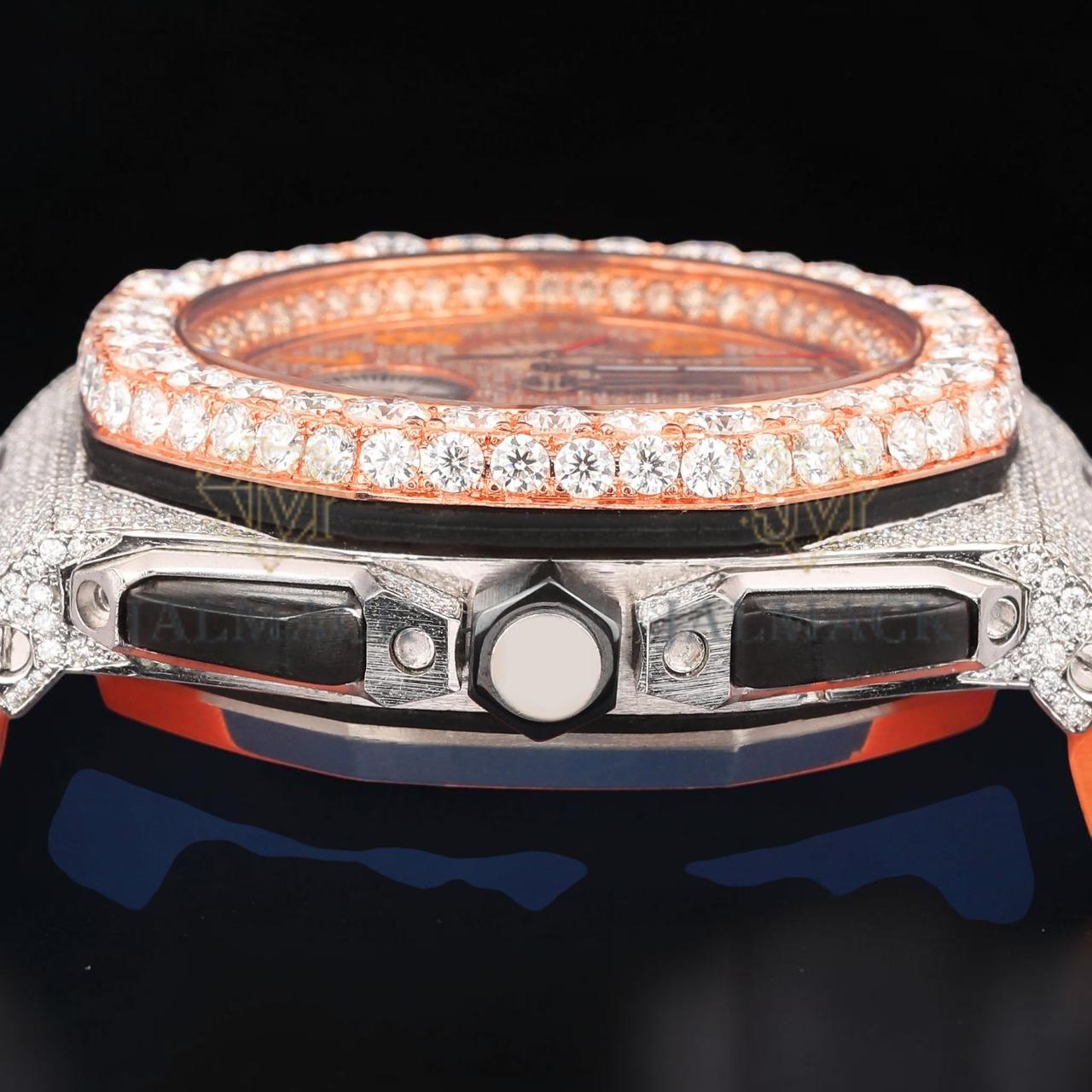 VVS1 D Color Rose Gold Moissanite Chronograph Rubber Strap Watch