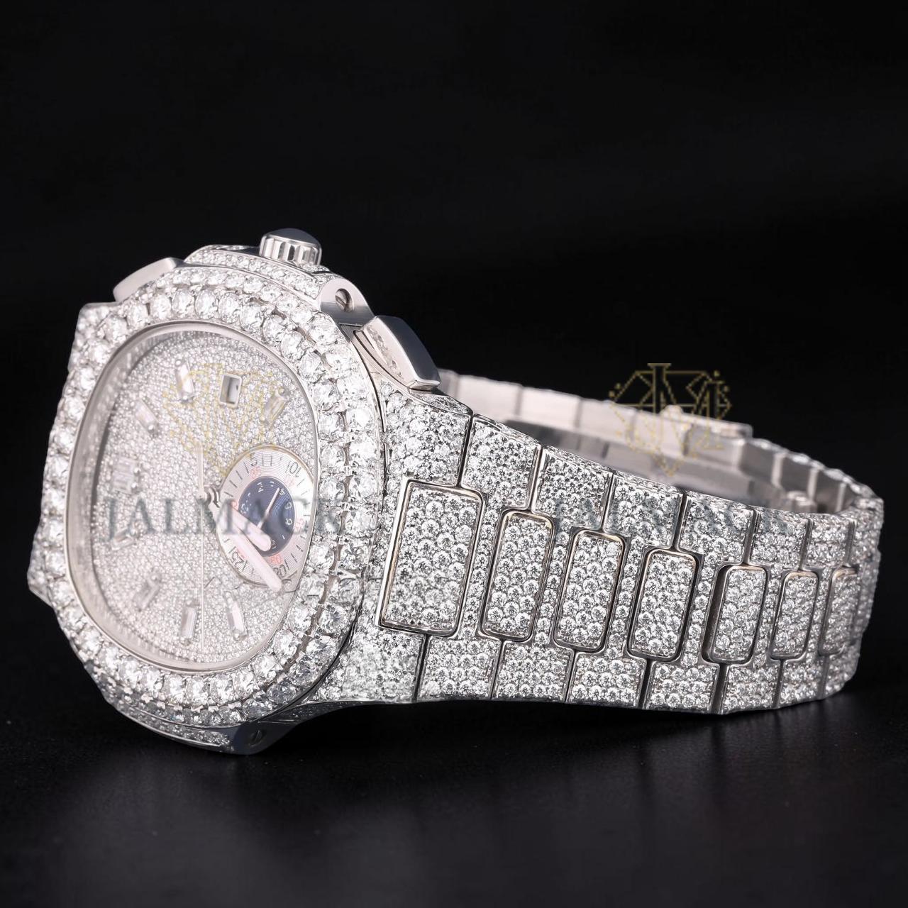 Luxury Silver Baguette Moissanite Multi-Function Automatic Watch