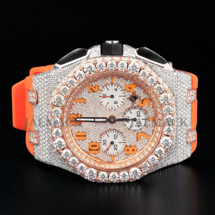 VVS1 D Color Rose Gold Moissanite Chronograph Rubber Strap Watch