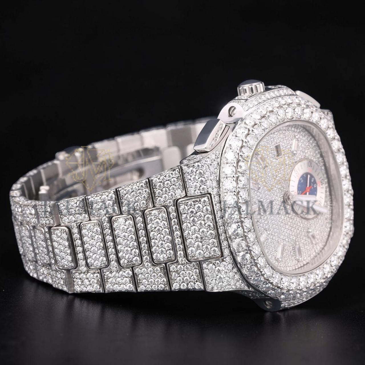 Luxury Silver Baguette Moissanite Multi-Function Automatic Watch