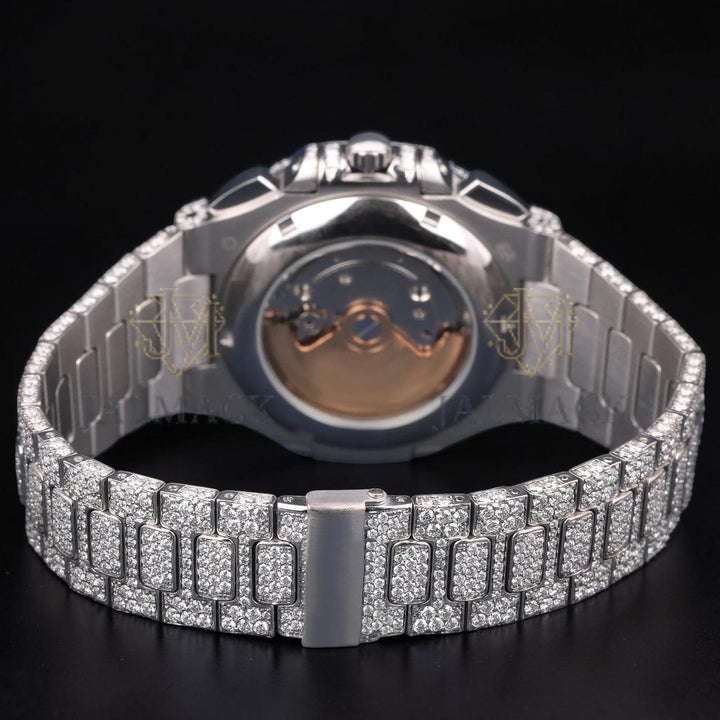 Luxury Silver Baguette Moissanite Multi-Function Automatic Watch