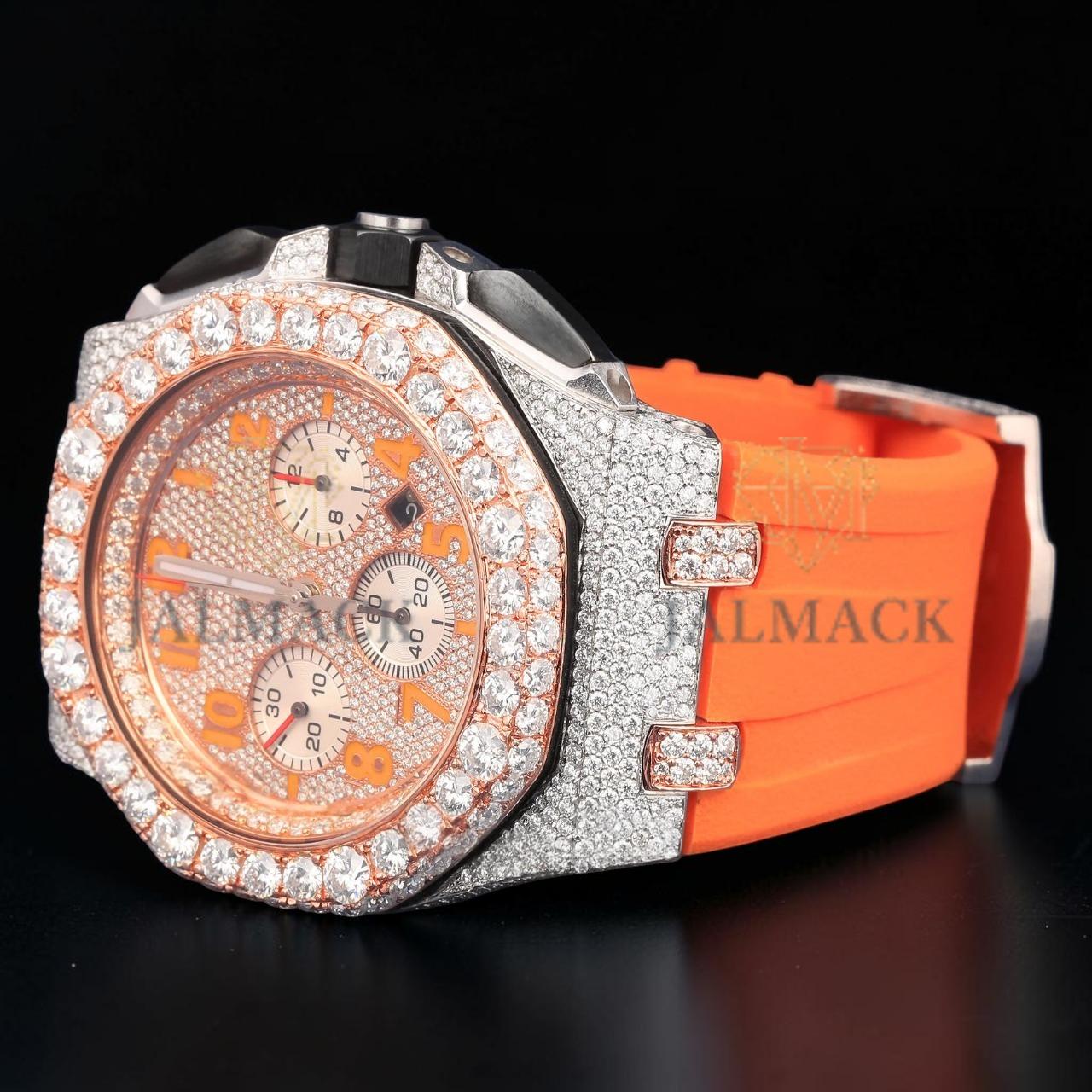 VVS1 D Color Rose Gold Moissanite Chronograph Rubber Strap Watch