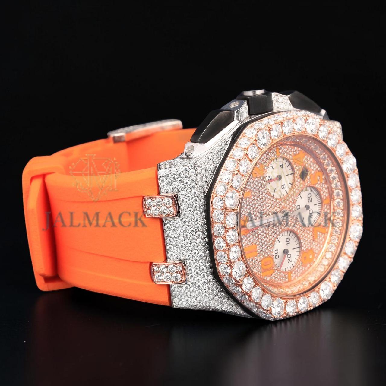VVS1 D Color Rose Gold Moissanite Chronograph Rubber Strap Watch
