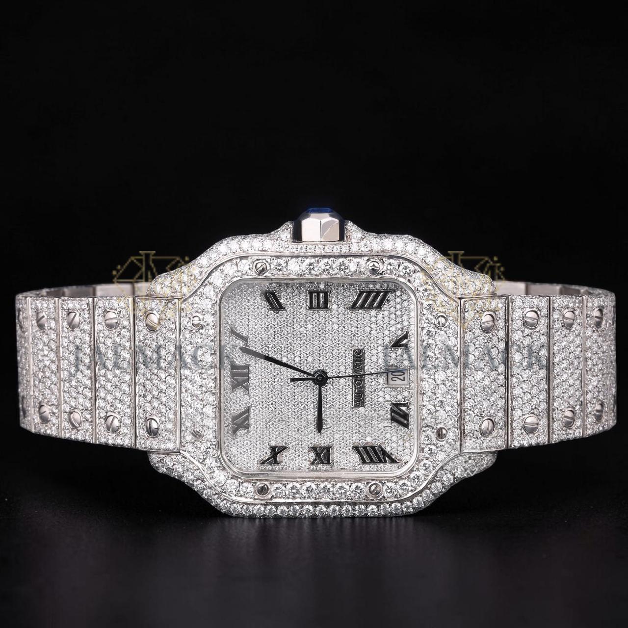 Luxury Silver Roman Moissanite Automatic Date Watch VVS1 D Color Fully Iced Out