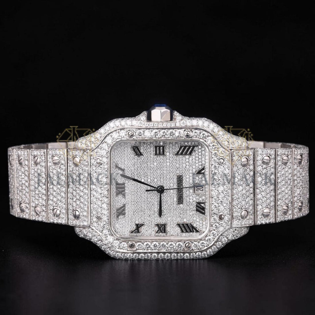 Luxury Silver Roman Moissanite Automatic Date Watch VVS1 D Color Fully Iced Out