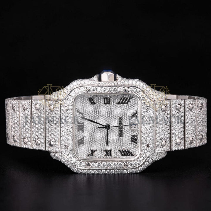 Luxury Silver Roman Moissanite Automatic Date Watch VVS1 D Color Fully Iced Out