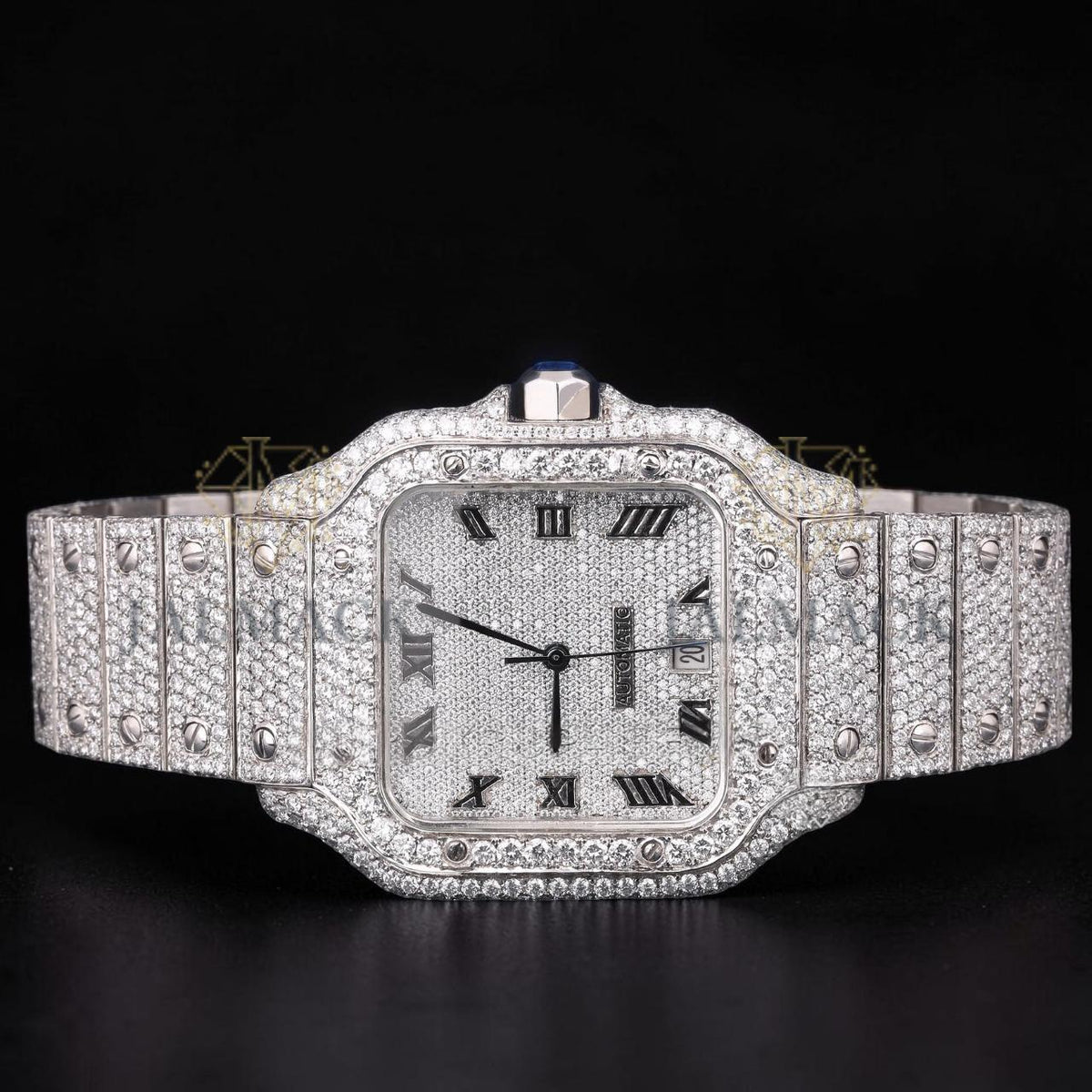 Luxury Silver Roman Moissanite Automatic Date Watch VVS1 D Color Fully Iced Out