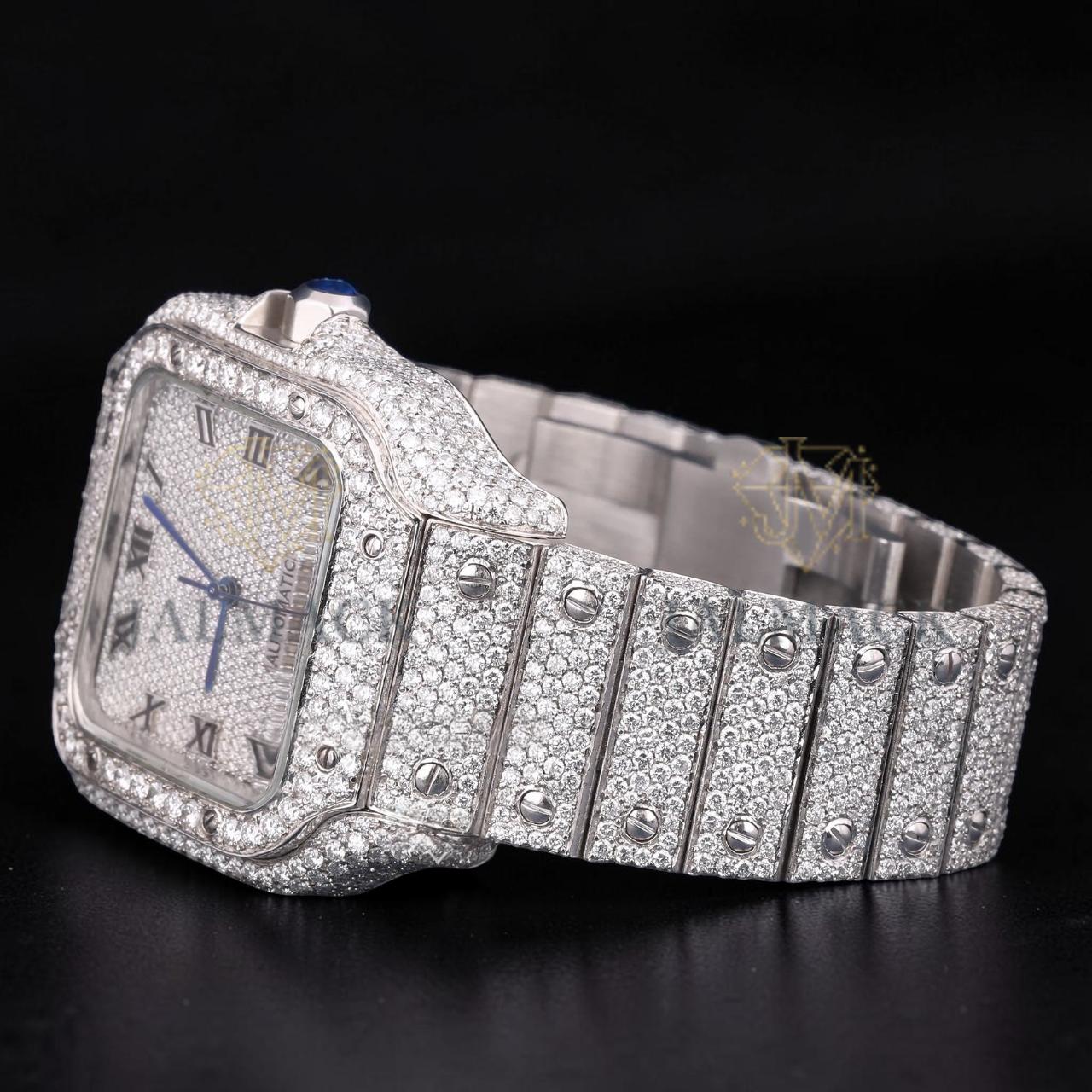 Luxury Silver Roman Moissanite Automatic Date Watch VVS1 D Color Fully Iced Out