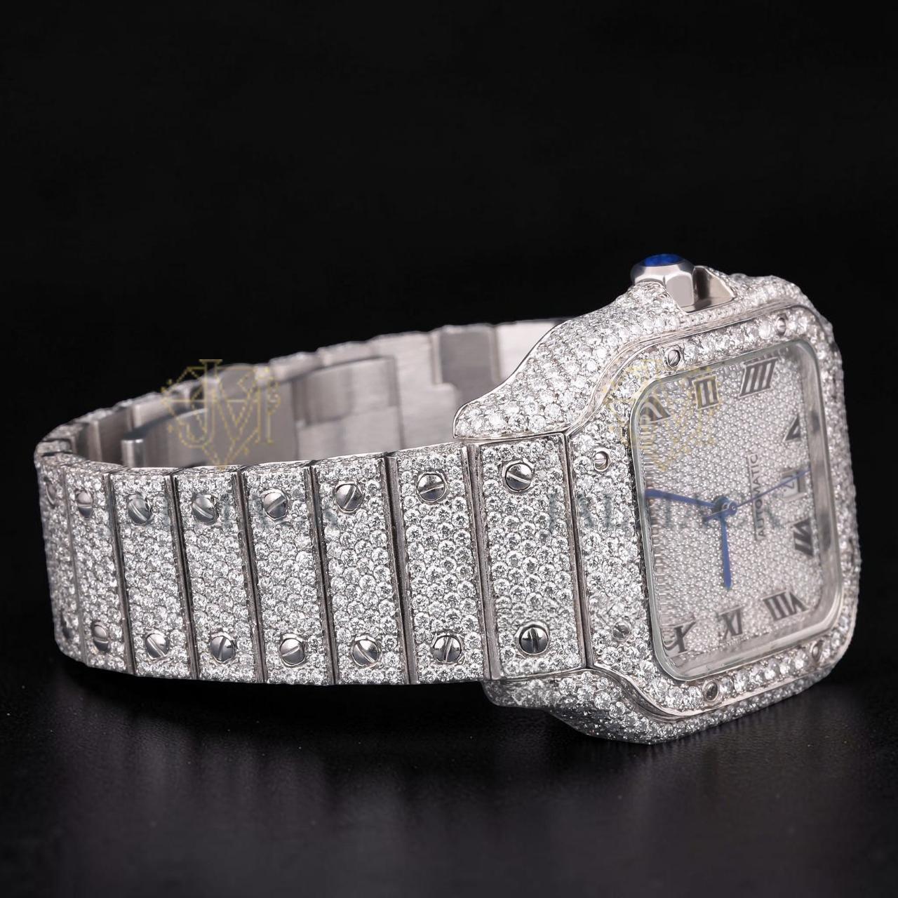 Luxury Silver Roman Moissanite Automatic Date Watch VVS1 D Color Fully Iced Out