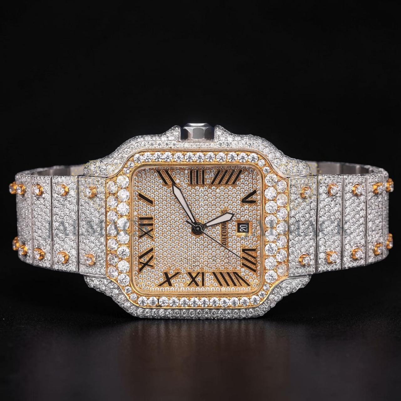 Luxury Two-Tone Roman Moissanite Automatic Date Watch VVS1 D Color Fully Iced Out