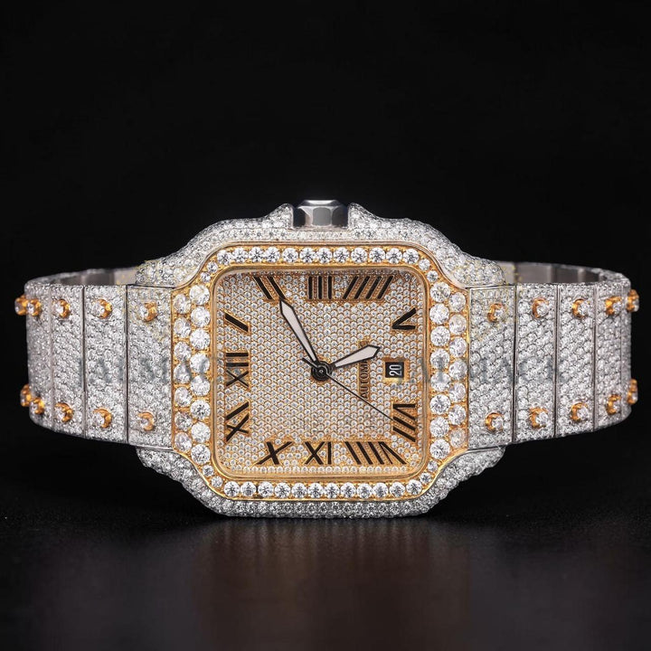 Luxury Two-Tone Roman Moissanite Automatic Date Watch VVS1 D Color Fully Iced Out